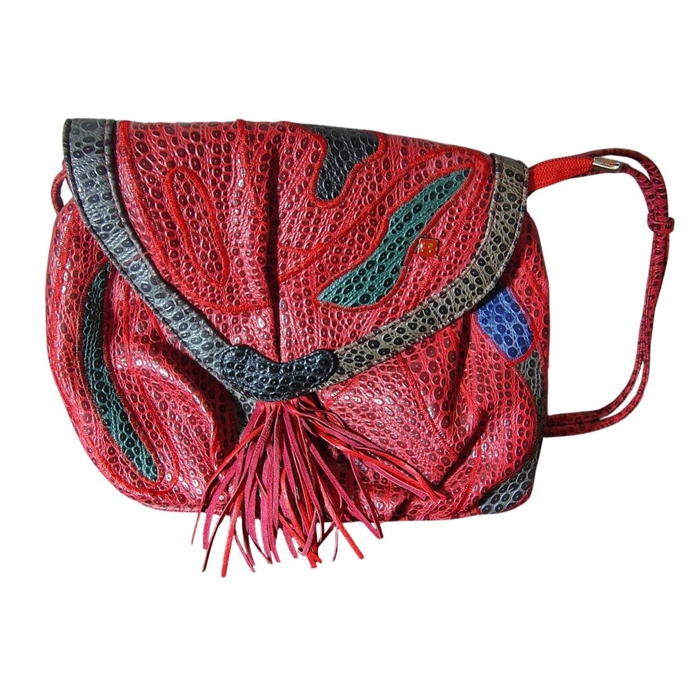 Vintage Nas Red Bag Leather Purse Snakeskin Texture Zip Close Fold Over Snap Top